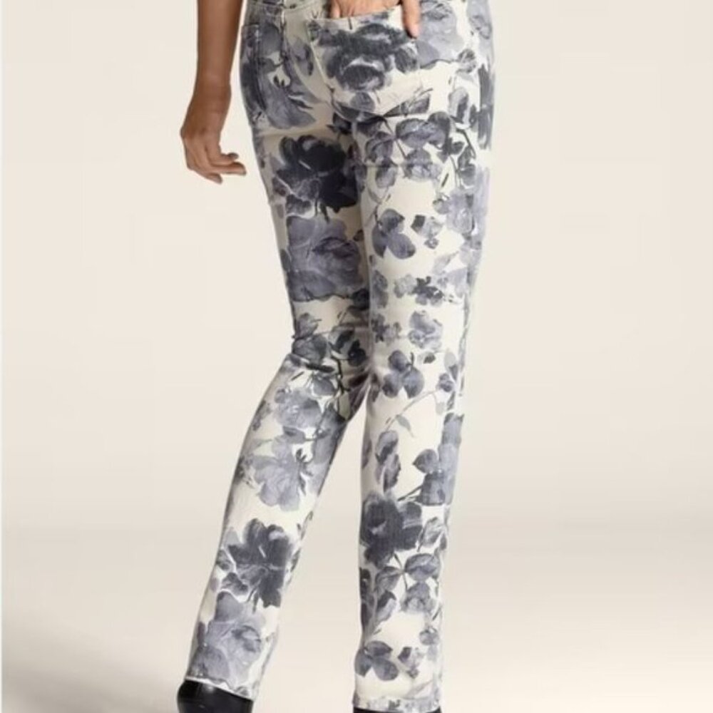 Chico's So Slimming Floral Print Straight Leg Jeans - Size 4 Stretch Denim